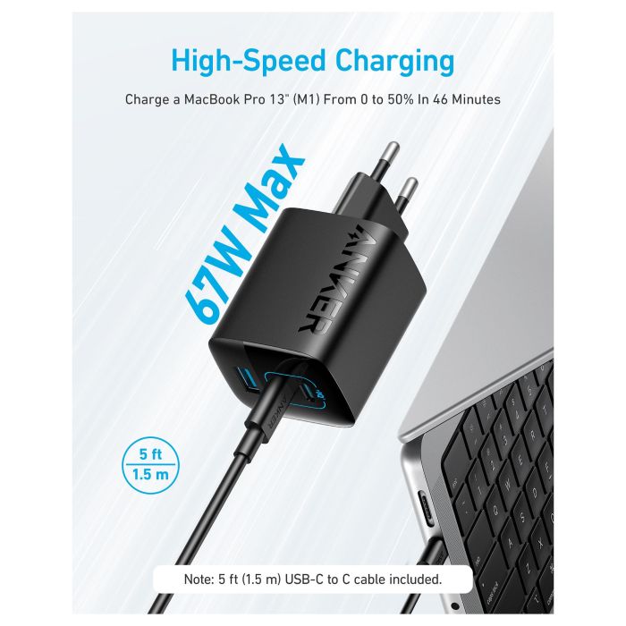 Anker 336 Charger 67W, 1 x USB-A, 2 x USB-C, Negro, Cargador Rápido GaN, Power Delivery 1