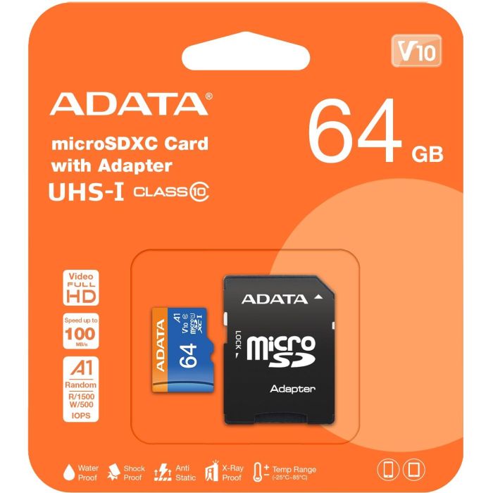 ADATA Tarjeta de Memoria microSDXC 64GB UHS-I Clase 10 U1 A1 V10 85/25 MB/s Lectura/Escritura Full HD 1080p para Smartphones Tablets Cámaras con Adaptador SD
