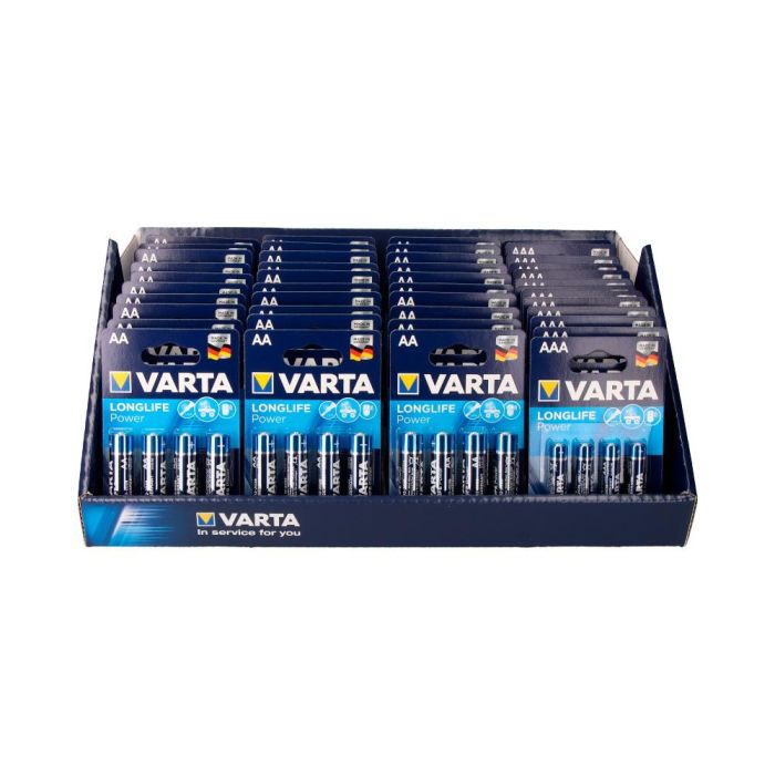 Expositor de carton de sobremesa varta he 30 blister lr06 aa 4 unid. + 13 blisters lr03 aaa 4 unid. varta 36x28x17cm 1