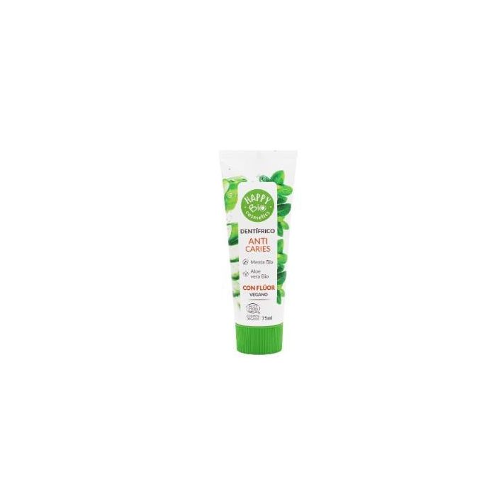 HAPPY BIO Dentífrico Anti Caries con Flúor, Menta y Aloe Vera Bio, Protege Esmalte, Vegano, 75 ml, Certificado Ecocert COSMOS ORGANIC