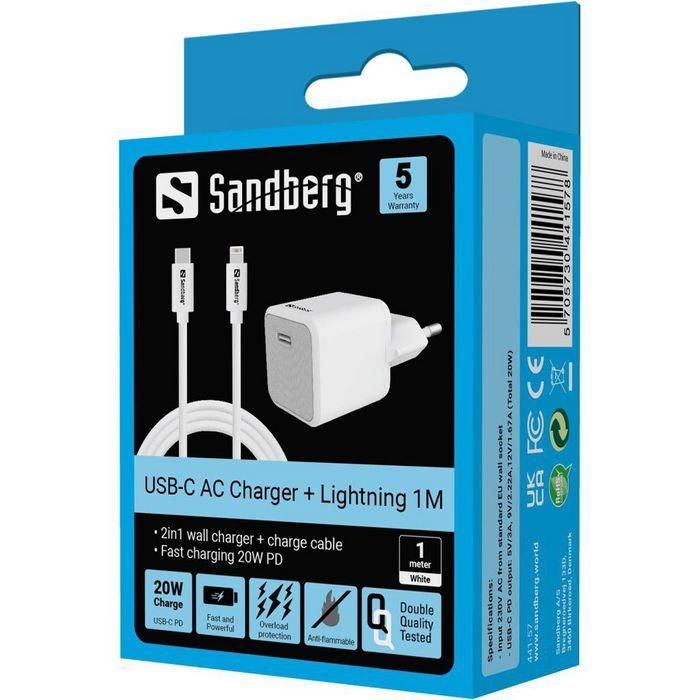 Sandberg Cargador USB-C AC 20W + Lightning 1M para Smartphones y Tablets 3