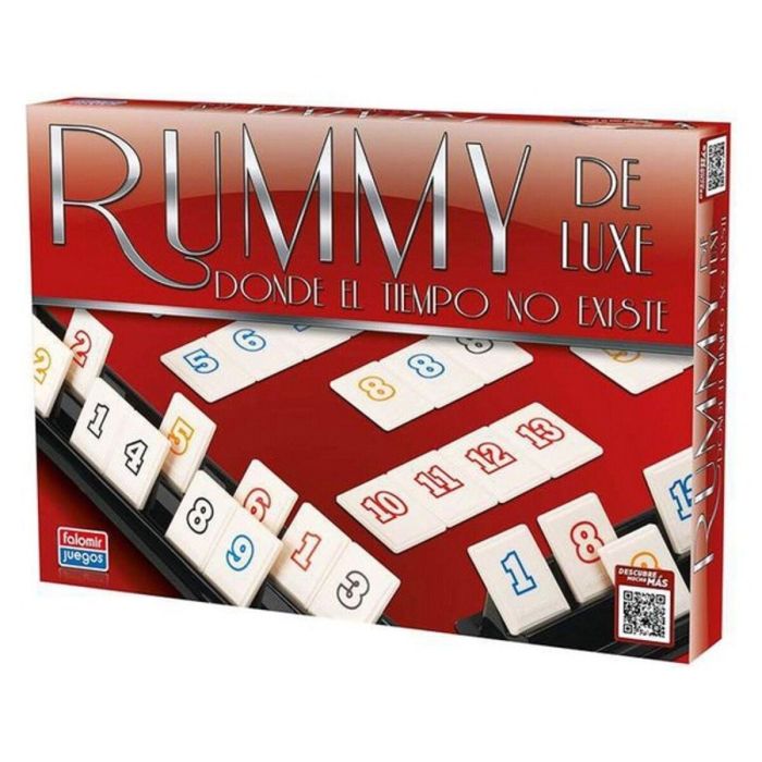 Falomir Juego Rummy Deluxe de Mesa | Clásico Juego de Fichas para 2+ Jugadores | Edad 7+ años | Incluye 106 Fichas y 4 Soportes