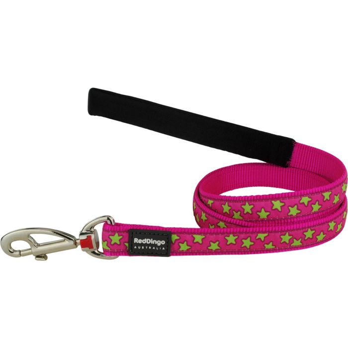 Red Dingo Correa para Perro con Patrón de Estrellas Lima y Rosa Fucsia, Nylon Premium, Duradera, con Clip Intercambiable Ultra Resistente 15mm x 1.2m