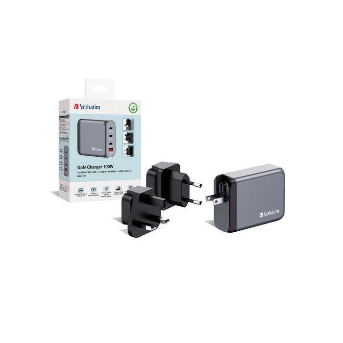 Verbatim GNC-100 Cargador de Pared Gan 100W con 1x USB-A 3.0 y 3x USB-C 3.0 4