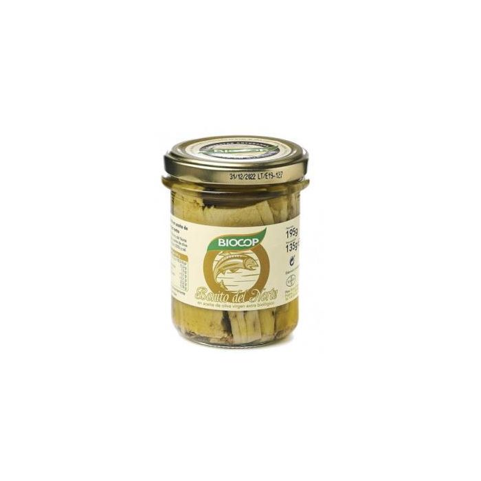 BIOCOP Bonito del Norte en Filetes, Aceite de Oliva Virgen Extra, Pescado con Caña, 195g Bio