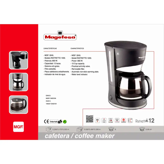 Magefesa Cafetera Ristretto MGF3245 12 Tazas 800W con Filtro Extraible y Placa Calefactora Antiadherente 4