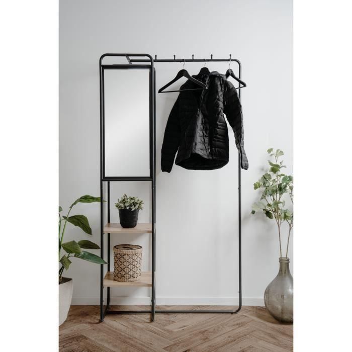 Mueble de recibidor - LUTON - Estructura metálica - Negro / Roble artesano - 100 x 185 x 37 cm - 2 estantes - 1 espejo 1 Mueble de recibidor - LUTON - Estructura metálica - Negro / Roble artesano - 100 x 185 x 37 cm - 2 estantes - 1 espejo 1