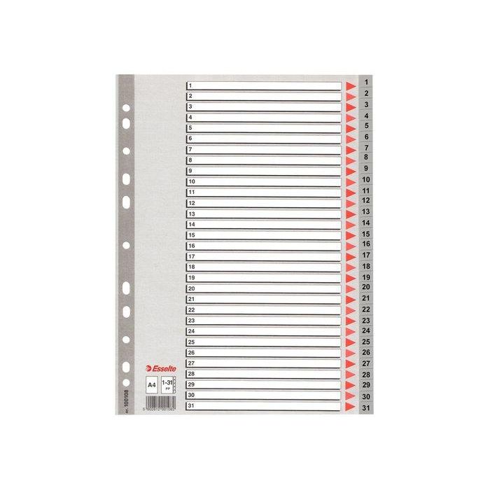 Esselte Índice Numérico Multitaladro 1-31 Polipropileno A4 gris con Carátula Índice Cartón Color