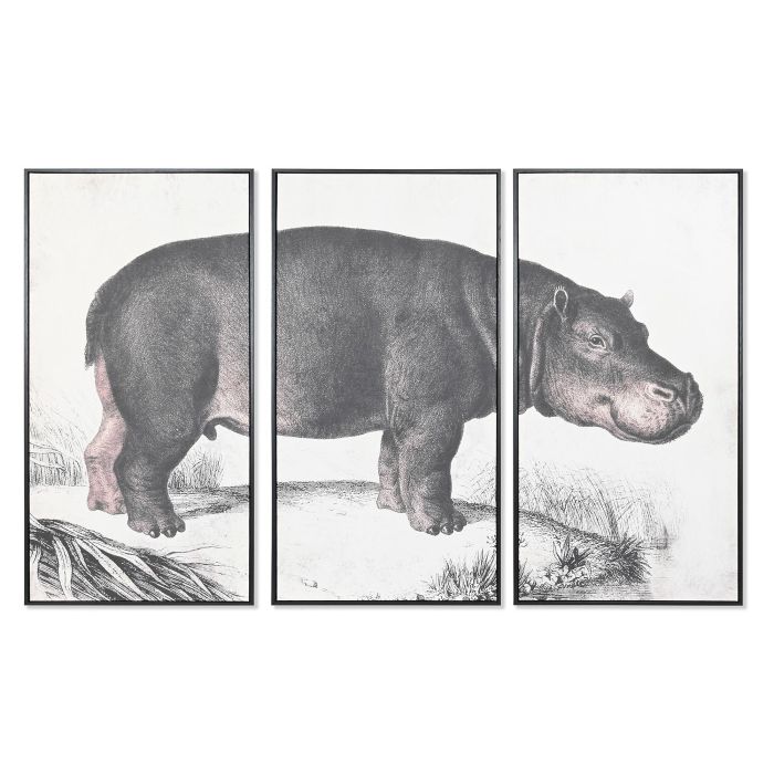 DKD Home Decor Cuadro Moderno Hipopótamo Lienzo Set de 3 piezas Negro Gris 180x120x4 cm