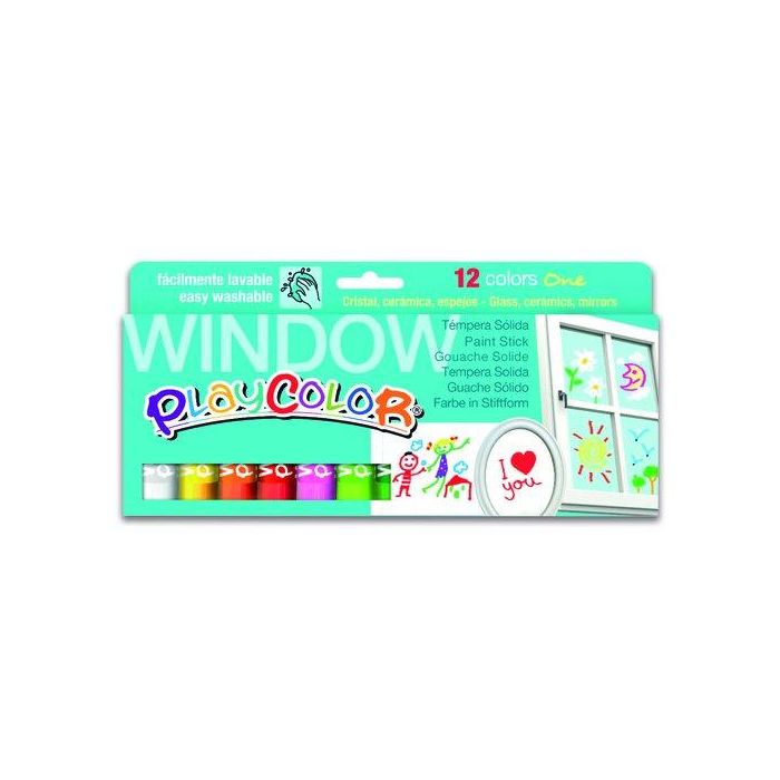 Playcolor Pintura Para Cristales En Barra Estuche De 12 Colores Surtidos - Fácilmente Lavable, Secado Rápido