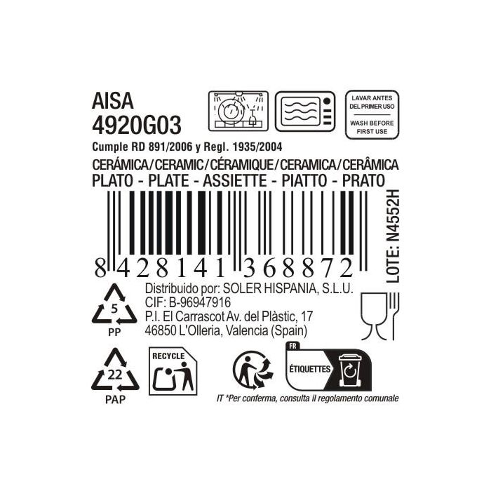 La Mediterranea Plato "Aisa" de 27.2 cm de Diametro, 2.5 cm de Altura, 912 Gramos (12 Unidades)