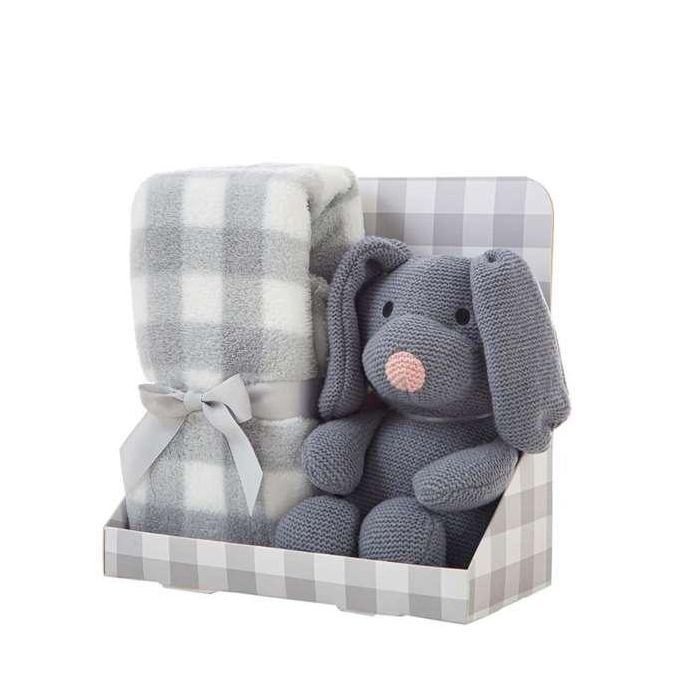 Creaciones Llopis Set Caja Manta Cuadros 90 x 75 cm Gris + Perro 26 cm