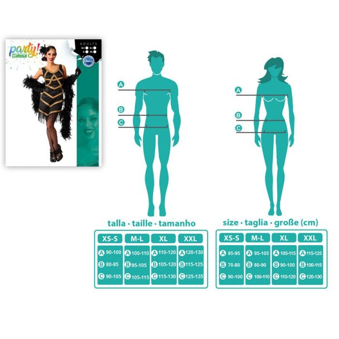 Disfraz Charlestón Mujer Adulto Negro Dorado con Flecos - Vestido Años 20 - Talla XL