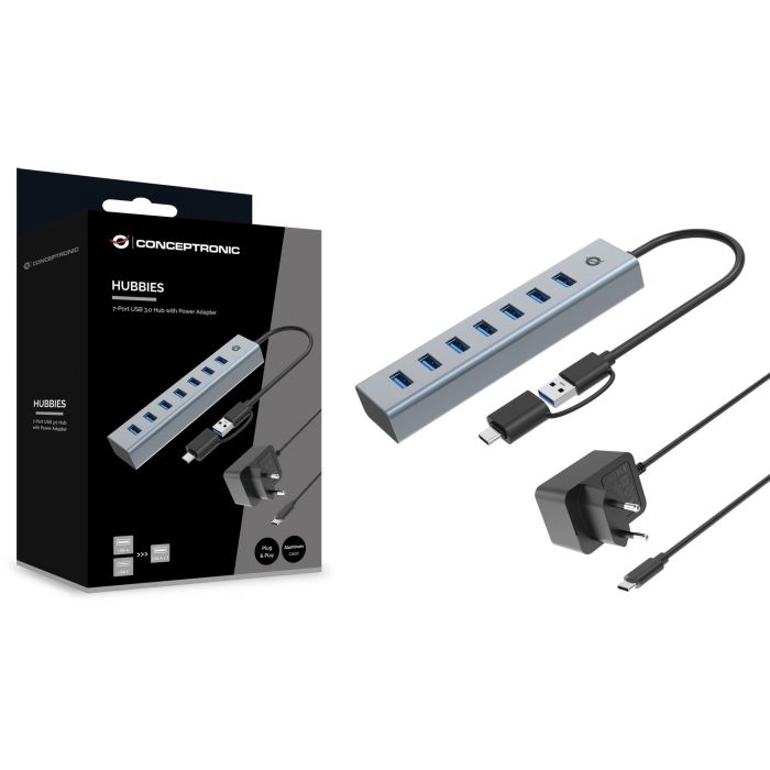 Conceptronic HUBBIES21GP Hub USB 3.0 Gris con 7 Puertos USB-A y Conexiones USB-A y USB-C 3