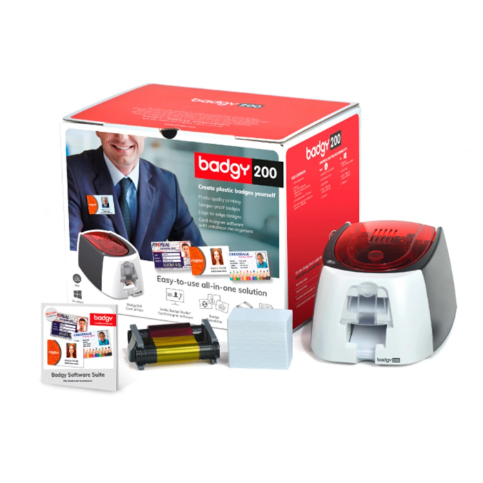 Badgy Impresora de Tarjeta Badgy200 con Cinta para 100 Tarjetas y Software Evolis Badge Studio+ 1