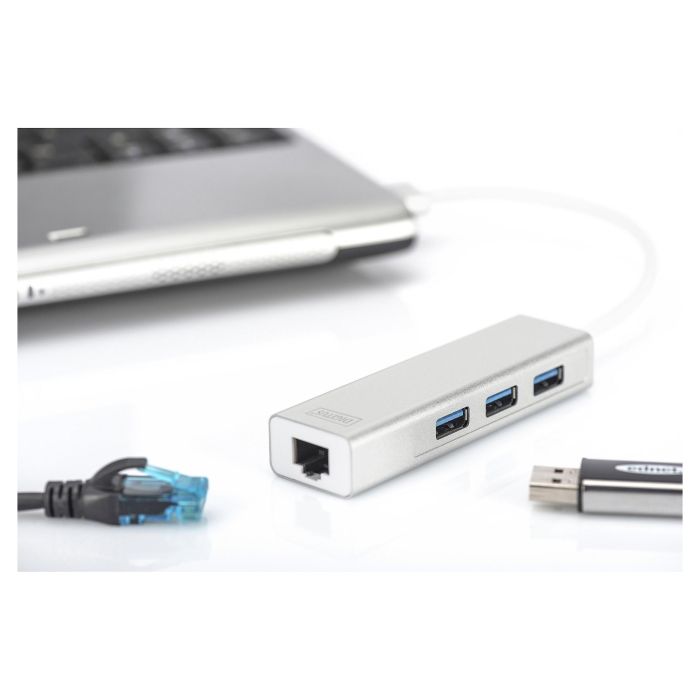 DIGITUS Adaptador USB-Hub 3 Puertos USB 3.0 + 1 Puerto LAN Gigabit Ethernet Plata Blanco DIGITUS Adaptador USB-Hub 3 Puertos USB 3.0 + 1 Puerto LAN Gigabit Ethernet Plata Blanco
