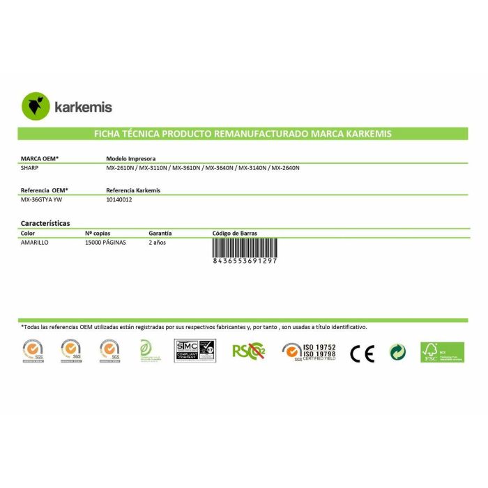 Tóner Original Karkemis MX-36GTYA Amarillo 4 Tóner Original Karkemis MX-36GTYA Amarillo 4