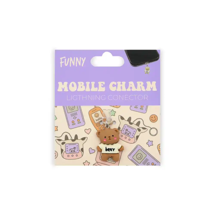 Wondee Charm Protector para Puertos USB-C/Lightning Funny Bear - Accesorio Decorativo y Protector de Polvo para Móvil 30x10x20 mm