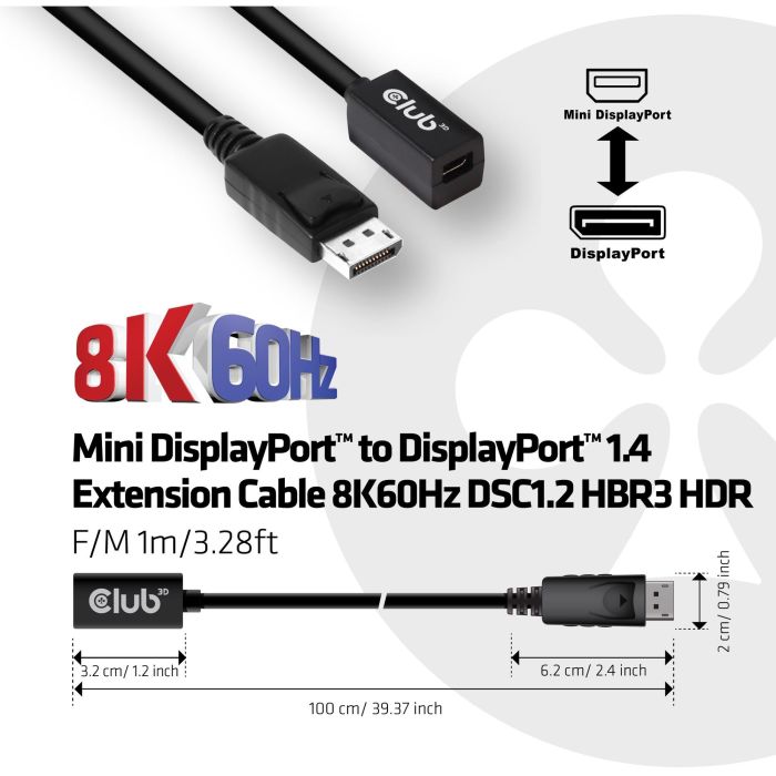 Club3D cac-1120 Cable Mini DisplayPort a DisplayPort 1.4, 1m, compatible 8K 60Hz, para audio y vídeo 7