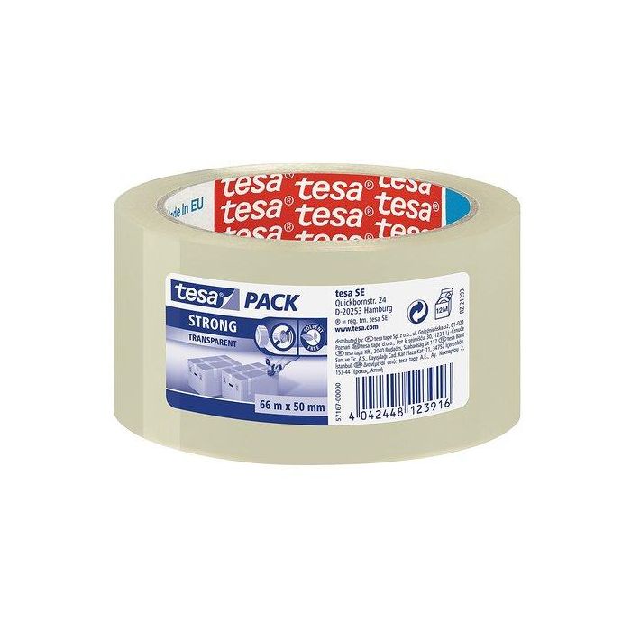 Tesa tesapack Strong Cinta de Embalar de Polipropileno, Transparente, 66 m x 50 mm, Resistente UV, Bajo Ruido para Embalaje Seguro