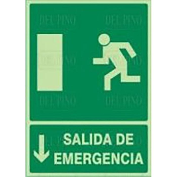 Duver 904 Señal de Seguridad de Evacuación Salida de Emergencia con Flecha Abajo - Plástico, 297x210 mm, Combinación Letra y Pictograma