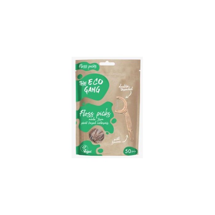 THE ECO GANG Floss Pick de Menta, 50 unidades, hilo doble, mango vegetal, vegano, higiene bucal diaria