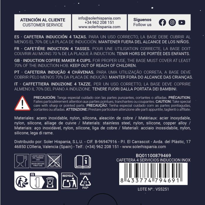 Quttin Cafetera de Inducción para 4 Servicios, 10.5 x 12.8 x 15.9 cm, Acero Inoxidable (6 Unidades)