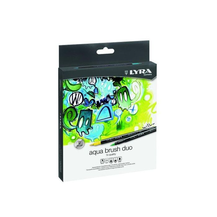 Lyra Rotuladores Aqua Brush Duo, caja 24 colores, punta de pincel y fina (1mm) para artistas, diseñadores y aficionados, tinta base agua