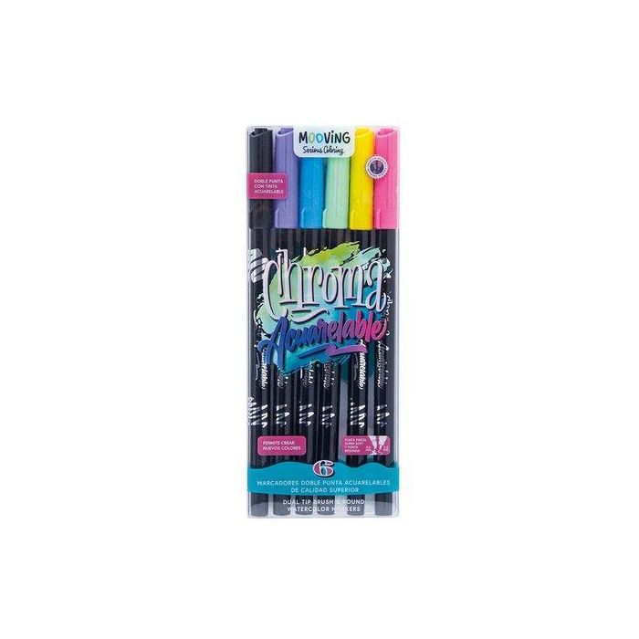 Rotulador Fibra Mooving Doble Punta Pincel Acuarelable Estuche De 6
