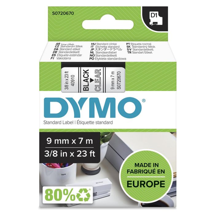 Dymo 40910 Cinta de Transferencia Térmica D1, Etiquetas Estándar Negro sobre Transparente 9mm x 7M Poliéster Autoadhesiva para Rotuladora LabelManager 1 Dymo 40910 Cinta de Transferencia Térmica D1, Etiquetas Estándar Negro sobre Transparente 9mm x 7M Poliéster Autoadhesiva para Rotuladora LabelManager 1