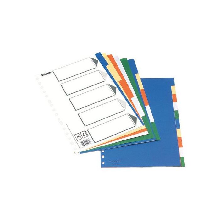 Esselte Separadores Plástico DIN A4, Juego de 10 Separadores Multitaladro, 5 Colores, 115 Micras