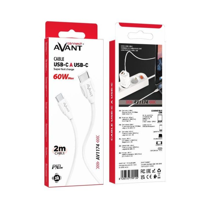 AVANT CONNECT Cable USB C a USB C PD 60W 2 metros - Carga rápida 3A