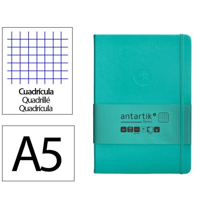 Cuaderno Con Gomilla Antartik Notes Tapa Dura A5 Hojas Cuadricula Turquesa 100 Hojas 80 gr Fsc