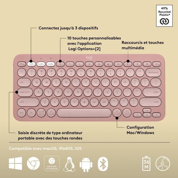 LOGITECH - Teclado inalámbrico - Pebble Keys 2 M380s - Bluetooth - Botón Easy-Switch - Rosa - (920-011805) 5