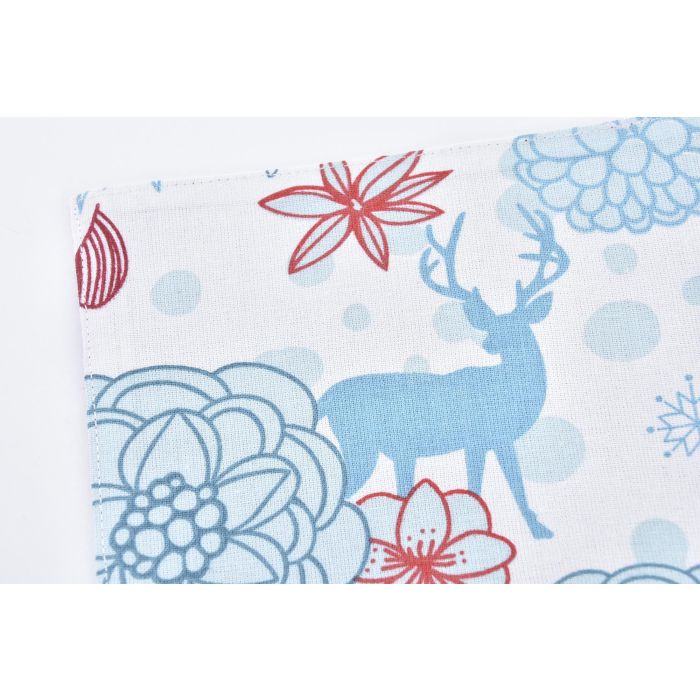 DKD Home Decor Mantel Individual Navideño Moderno con Diseño Reno y Flores Azul Celeste Rojo 45x30 cm Pack 12 Unidades Poliéster 1