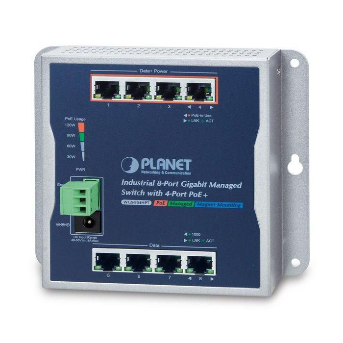 Planet Switch industrial 8 puertos Gigabit 10/100/1000T RJ45, 4 puertos PoE+ 802.3af/802.3at montaje a pared Planet Switch industrial 8 puertos Gigabit 10/100/1000T RJ45, 4 puertos PoE+ 802.3af/802.3at montaje a pared