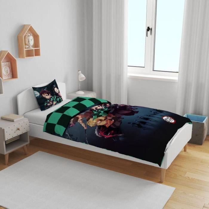 Demon Slayer AAARQ16149 - Juego de Cama Reversible Kimetsu - Microfibra - 1 Funda Nórdica 140x200 cm + 1 Funda Almohada 63x63 cm 1