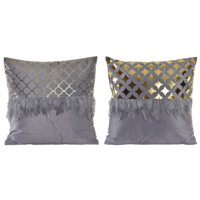 DKD Home Decor Cojín Chic Gris Dorado 15x45x45 cm con Plumas, 100% Poliéster, Cierre Cremallera Oculta (4 Unidades)