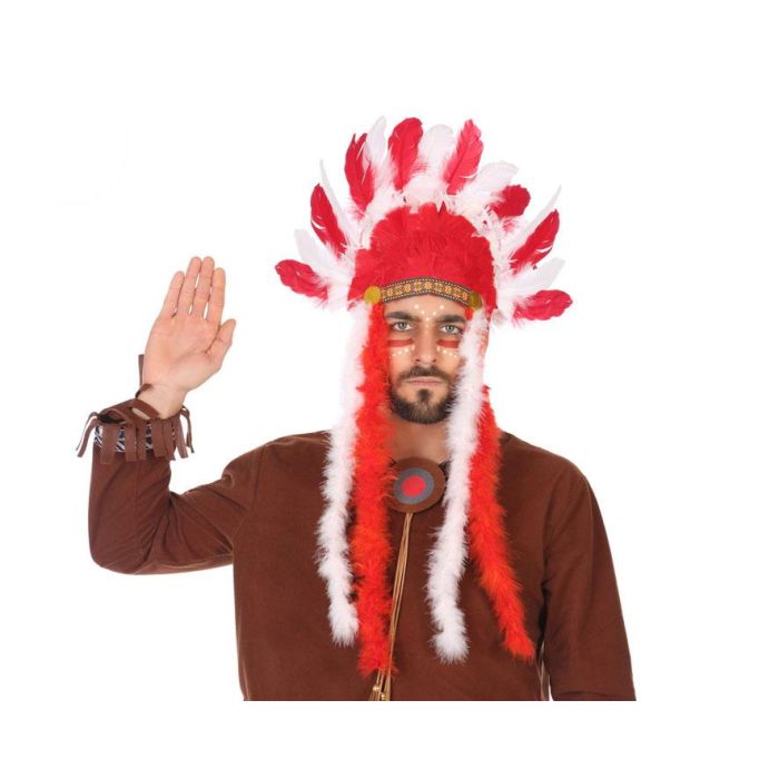 Penacho Plumas Indio Rojo Blanco Hombre Adulto Accesorio
