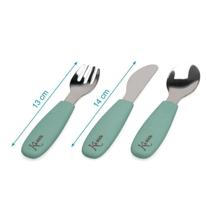 KioKids Set Cubiertos Infantiles Acero Inoxidable Y Silicona Verde Salvia +6 Meses 3