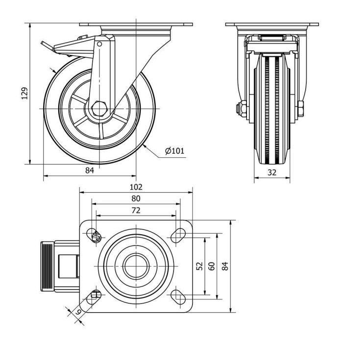 Ruedas Alex Rueda Giratoria con Placa, Eje Liso y Freno Ø 10 cm Negro, Poliamix - Goma, Carga Máx. 80 kg