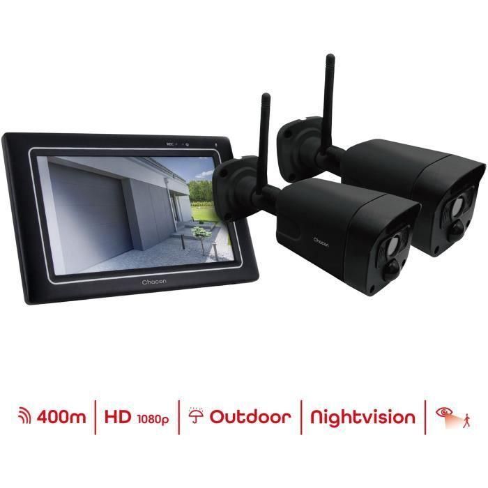 Chacon Kit 2 Cámaras de Seguridad Inalámbricas IP con Pantalla Táctil 1080p (2MP) para Hogar y Oficina, Visión Nocturna, 100m Alcance