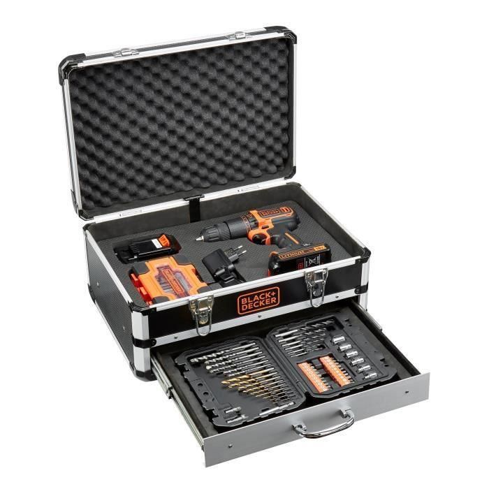 NEGRO Y DECKER - Taladro de percusión - Batería de iones de litio 2x18 V + 80 accesorios en estuche - Negro y naranja NEGRO Y DECKER - Taladro de percusión - Batería de iones de litio 2x18 V + 80 accesorios en estuche - Negro y naranja