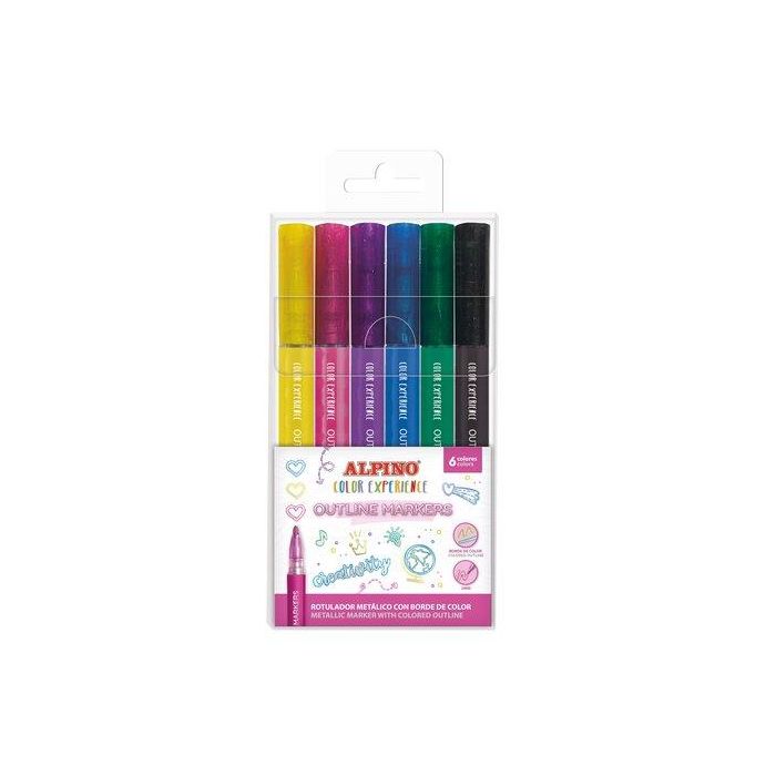 Alpino Rotuladores Outline Color Experience Metálicos Borde De Color, Punta 2mm, Estuche 6 Ud, Ideal para Lettering y Bullet Journal