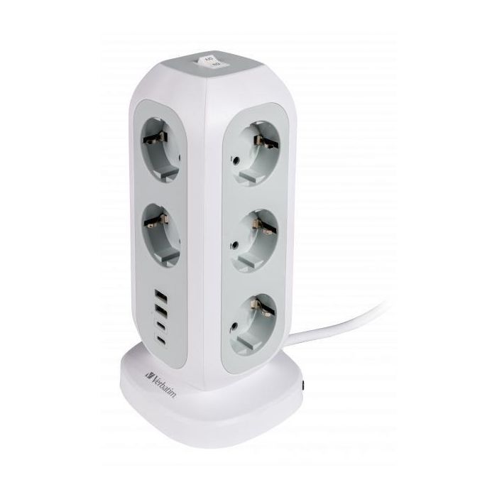 Verbatim Regleta de Enchufes con 11 Tomas, 2 USB-C, 2 USB-A, Interruptor y Cable de 2m, Blanco