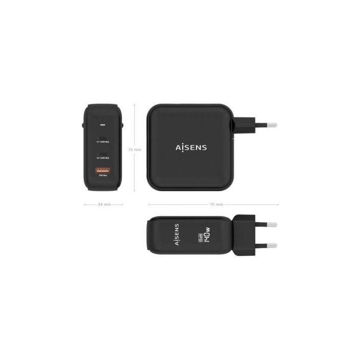 AISENS ASCH-140W3P031-BK Cargador GaN 140W para Portátiles, Móviles, Tablets. 2x USB-C PD 3.1, 1x USB-A QC 3.0. Carga Rápida Universal Negro. 3 AISENS ASCH-140W3P031-BK Cargador GaN 140W para Portátiles, Móviles, Tablets. 2x USB-C PD 3.1, 1x USB-A QC 3.0. Carga Rápida Universal Negro. 3