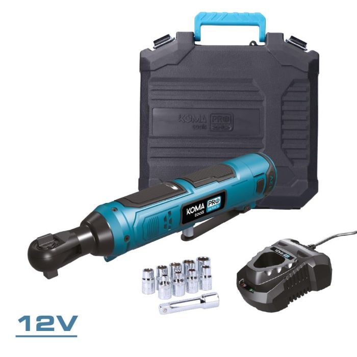 Koma Tools 12v-ca-k Carraca Eléctrica 12V 3/8" 300 RPM 45 Nm con Batería, Cargador y Vasos Hexagonales - Kit Completo 1