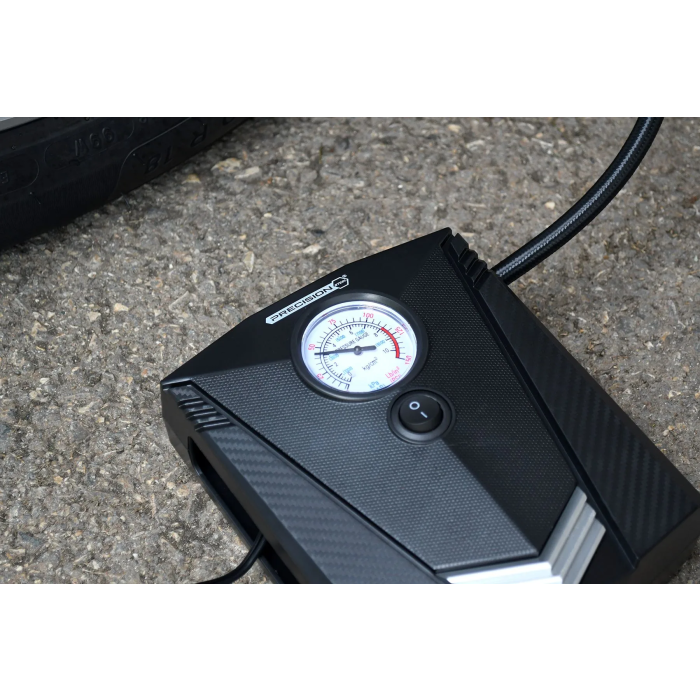 Precision Steel Minicompresor de 12V AUC1699444978619, 8 bares, 100W, Conexiones Presta, Schrader y de Aguja, Manguera 3m, Linterna LED, ACERO DE PRECISIÓN