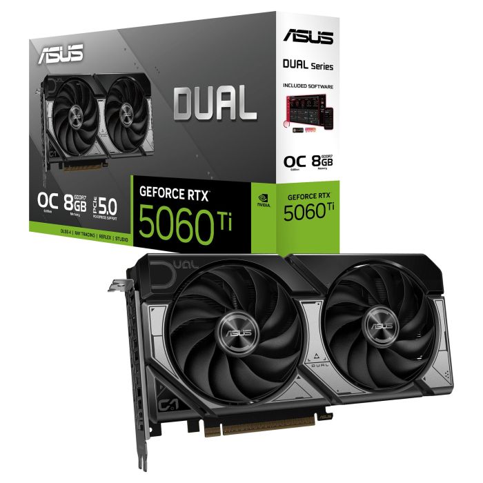 ASUS RTX 5060 Ti Dual OC 8GB GDDR7 Tarjeta Gráfica, 4608 CUDA Cores, 2632 MHz Frecuencia OC, PCI Express 5.0, 7680x4320