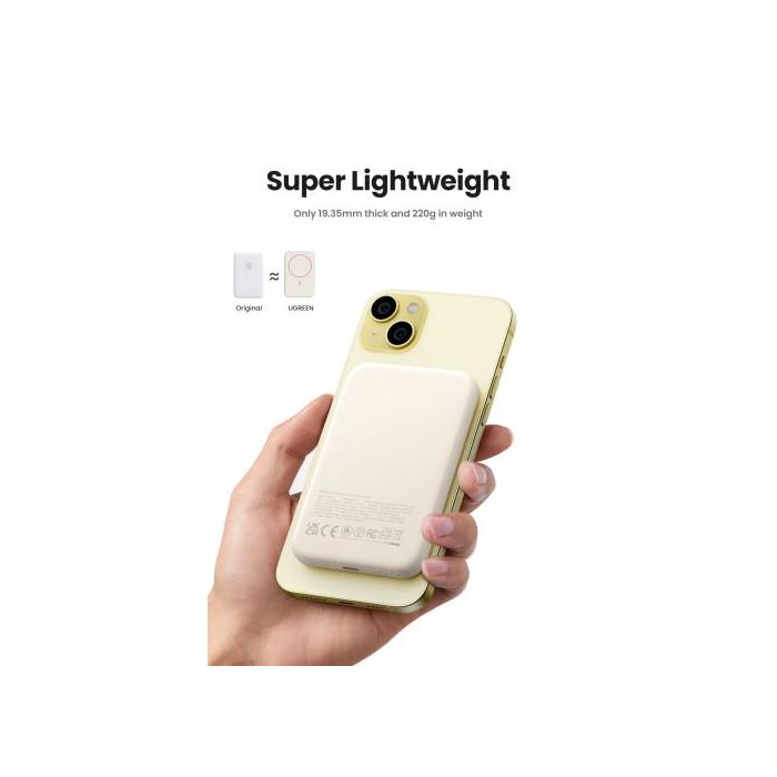 UGREEN 25208 Batería Externa 10000 mAh Cargador Inalámbrico Beige para iPhone 12-15 Series, Carga Rápida PD 20W 6